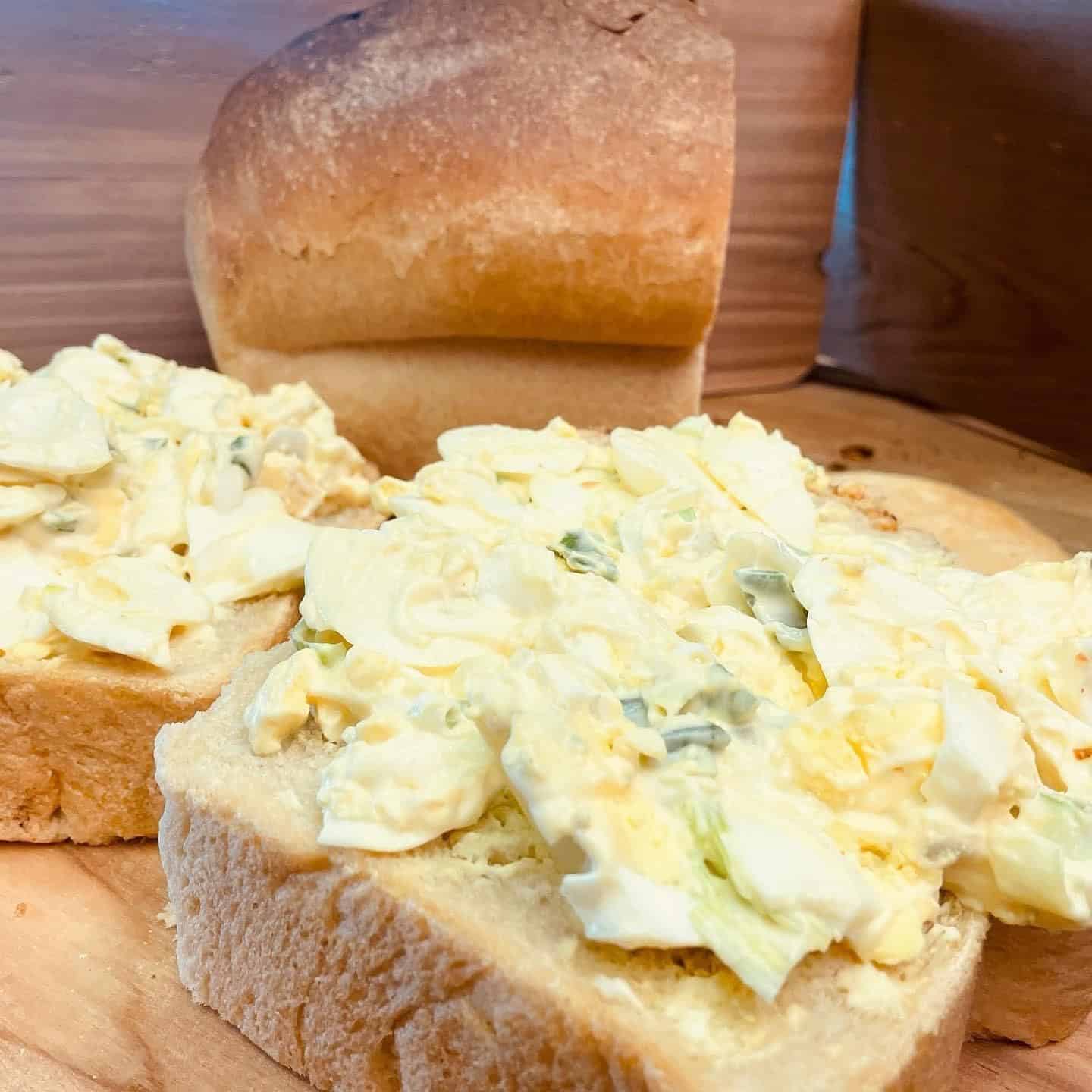 Open face egg salad on a fresh slice of Doukhobor Bread